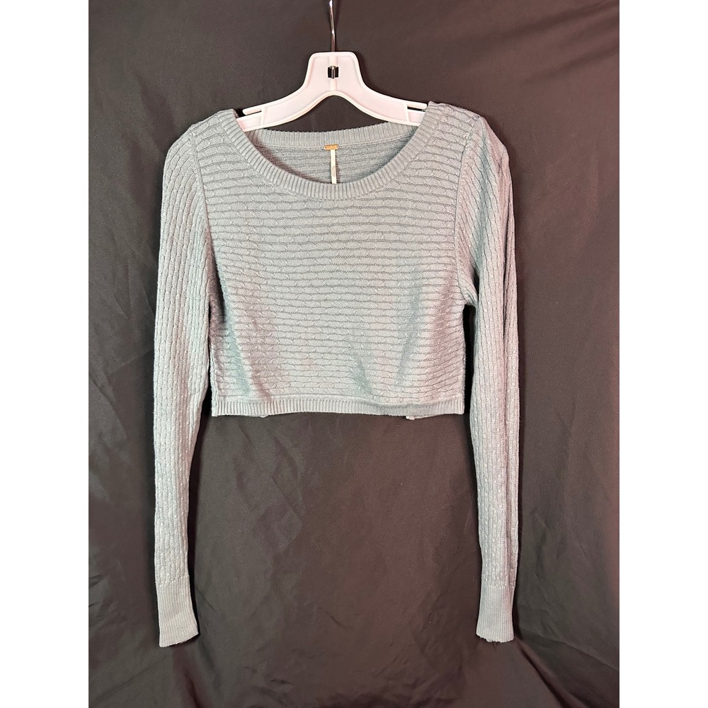 Free People Sweater Womens Medium Blue Sage Excellent Open Back Cropped Knit